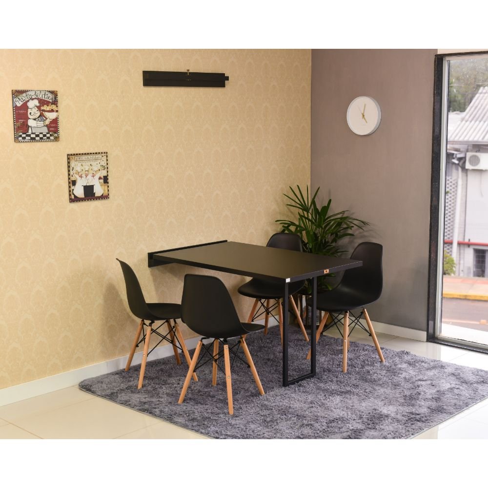 Conjunto de Mesa Dobrável Retrátil 120 x 75 Preta + 4 Cadeiras