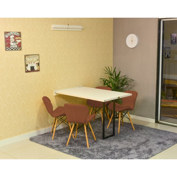 mesa dobravel retratil de parede branca 120x75cm com 4 cadeiras eiffel slim marrom 2