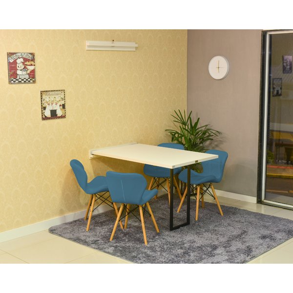 mesa dobravel retratil de parede branca 120x75cm com 4 cadeiras eiffel slim turquesa 1