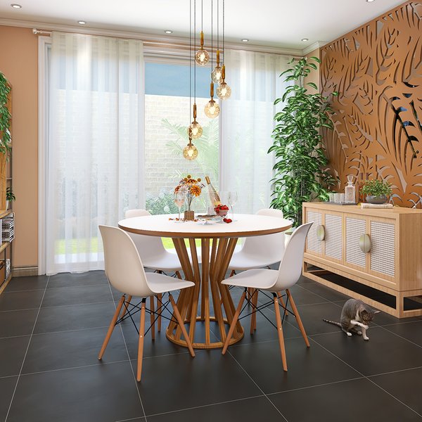 mesa de jantar redonda cecilia branca amadeirada com 4 cadeiras eames eiffel ambiente 2