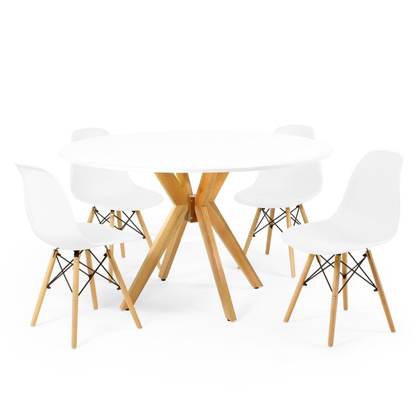 mesa de jantar redonda 120cm branca marci amadeirada com 4 cadeiras eames eiffel 5