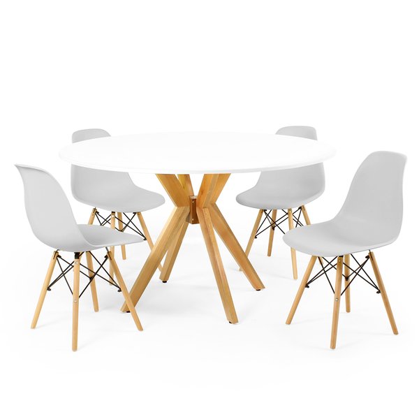 mesa de jantar redonda 120cm branca marci amadeirada com 4 cadeiras eames eiffel 6
