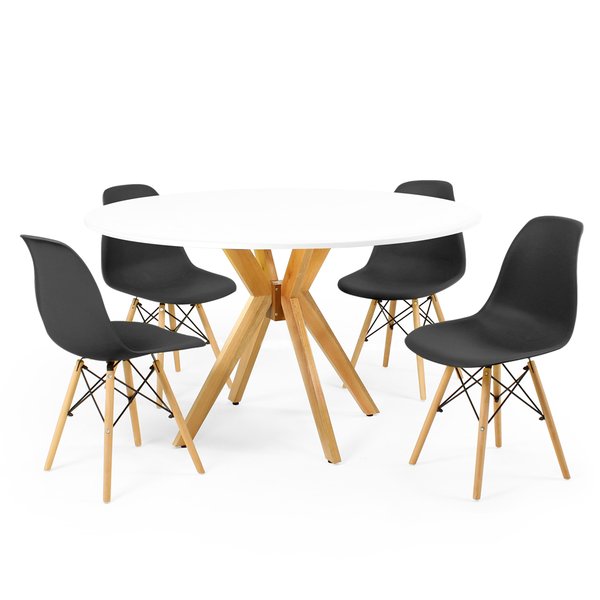 mesa de jantar redonda 120cm branca marci amadeirada com 4 cadeiras eames eiffel 10