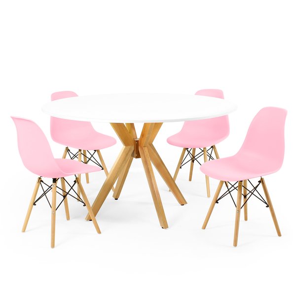 mesa de jantar redonda 120cm branca marci amadeirada com 4 cadeiras eames eiffel 11