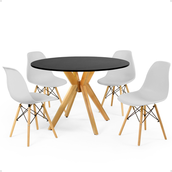 mesa de jantar redonda 100cm preta marci com 4 cadeiras eames eiffel 6