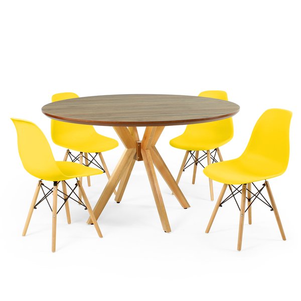 mesa de jantar redonda natural 120cm marci premium com 4 cadeiras eames eiffel 2