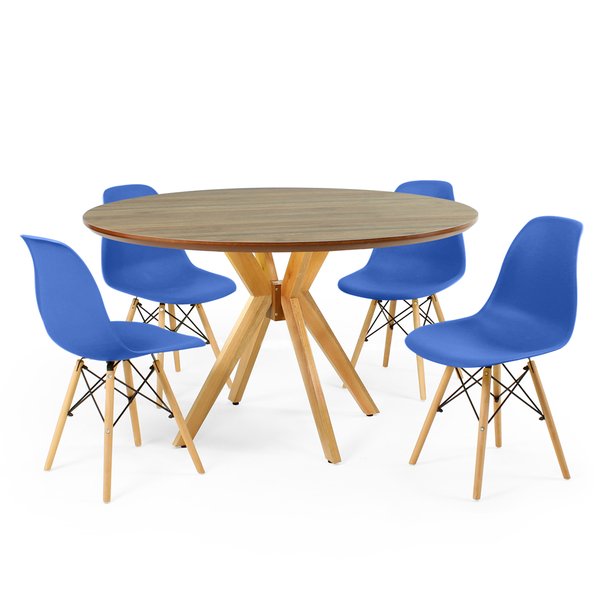 mesa de jantar redonda natural 120cm marci premium com 4 cadeiras eames eiffel 3