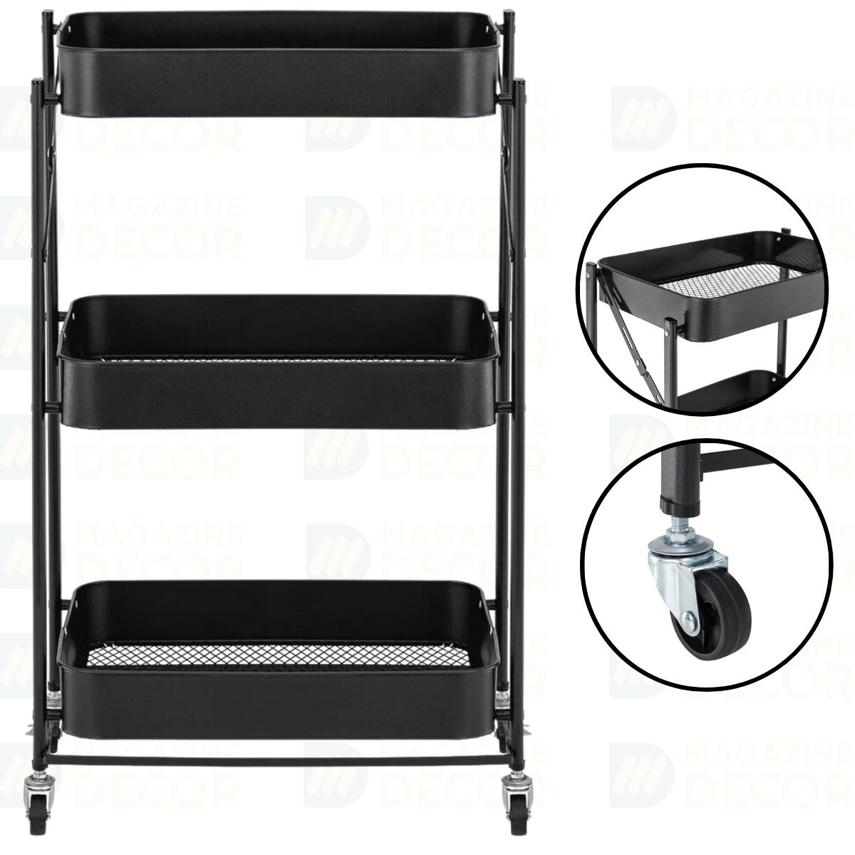 carrinho multiuso organizador dobravel com 3 prateleiras preto 2
