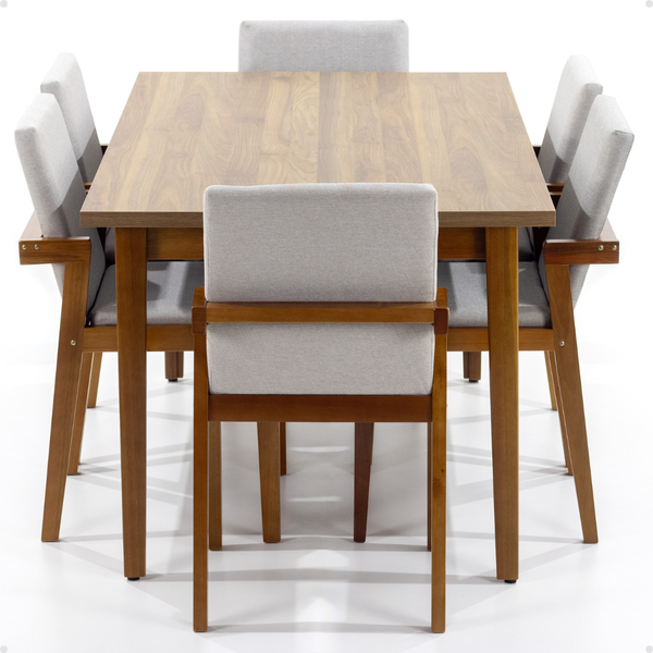 mesa de jantar retangular luiza 160cm natural com 6 cadeiras estofadas isabela bege 1