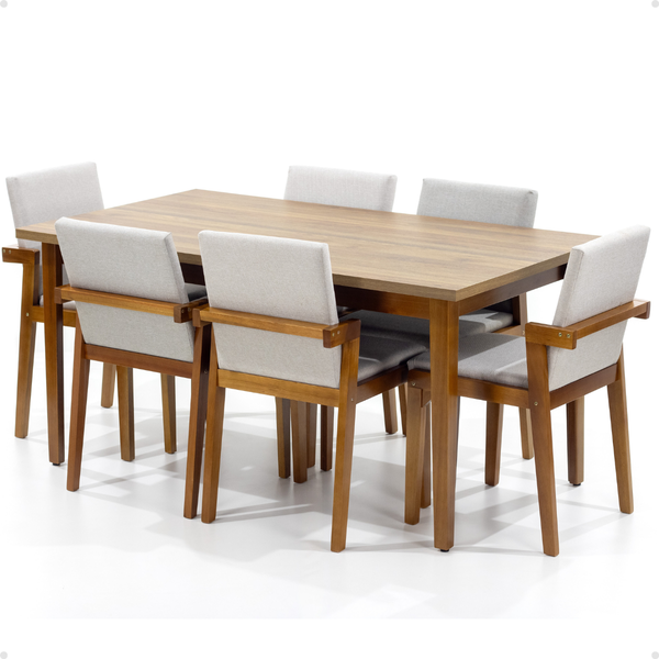 mesa de jantar retangular luiza 160cm natural com 6 cadeiras estofadas isabela bege 2