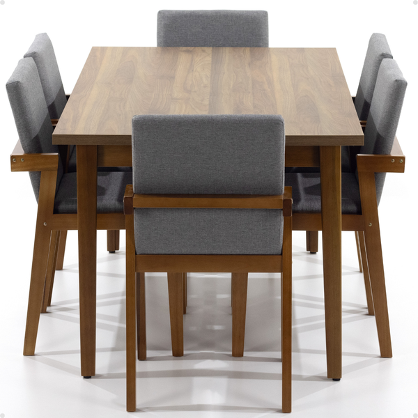 mesa de jantar retangular luiza 160cm natural com 6 cadeiras estofadas isabela cinza 1