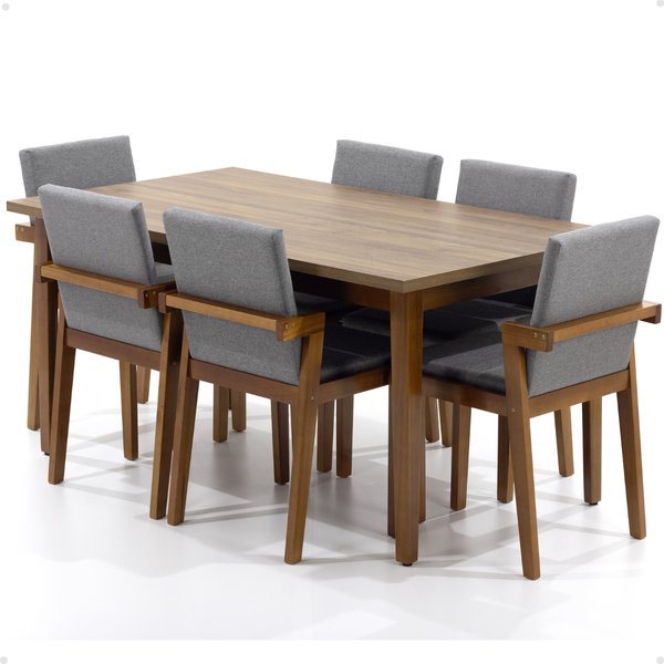 mesa de jantar retangular luiza 160cm natural com 6 cadeiras estofadas isabela cinza 2