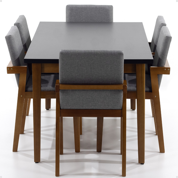 mesa de jantar retangular luiza 160cm preta com 6 cadeiras estofadas isabela cinza 1