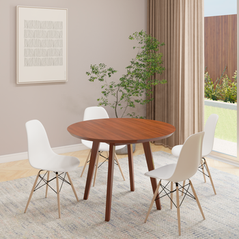 conjunto mesa de jantar redonda vertice 105cm nozes com 4 cadeiras eames eiffel 2