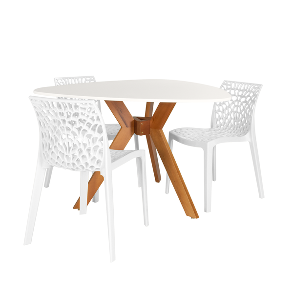 mesa de jantar organica 3 lugares nina 120cm branca com 3 cadeiras gruvyer 3
