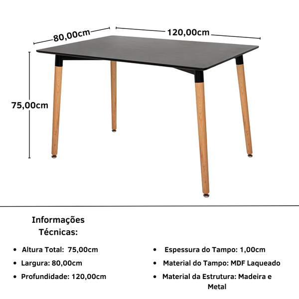 mesa de jantar retangular 6 lugares eiffel preta 120x80 magazine decor