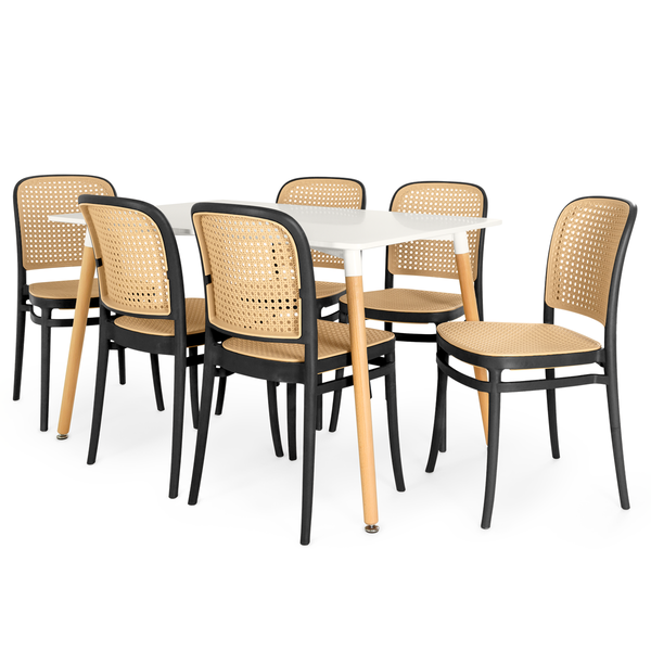 mesa de jantar retangular 6 lugares eiffel branca 120x80 com cadeira roma preta magazine decor