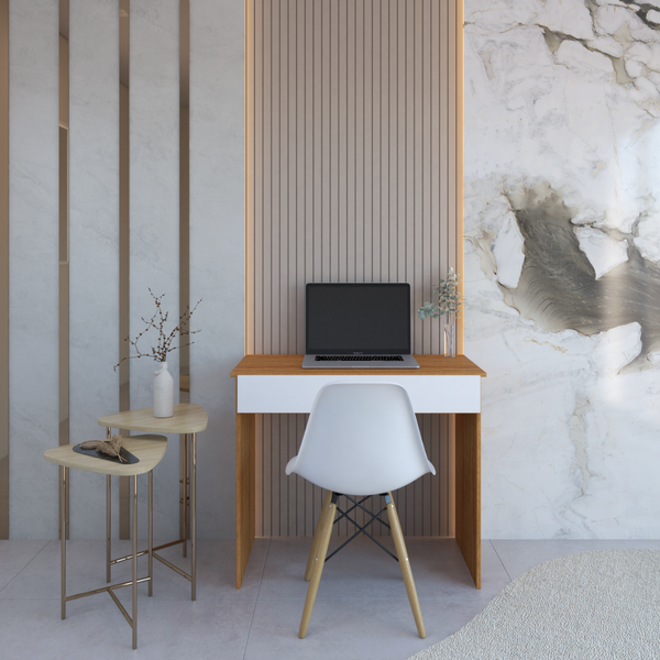 mesa escrivaninha office compacta com 1 gaveta natural e branco magazine decor 1