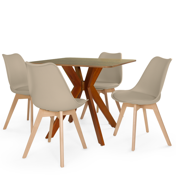 mesa isa 90x90cm natural com 4 cadeiras leda 4
