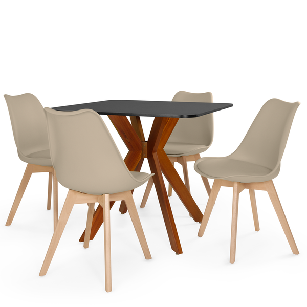 mesa isa 90x90cm preta com 4 cadeiras leda 4