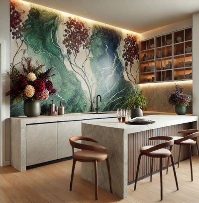 cozinha moderna com bancada em marmore branco com banquetas estofadas magazine decor