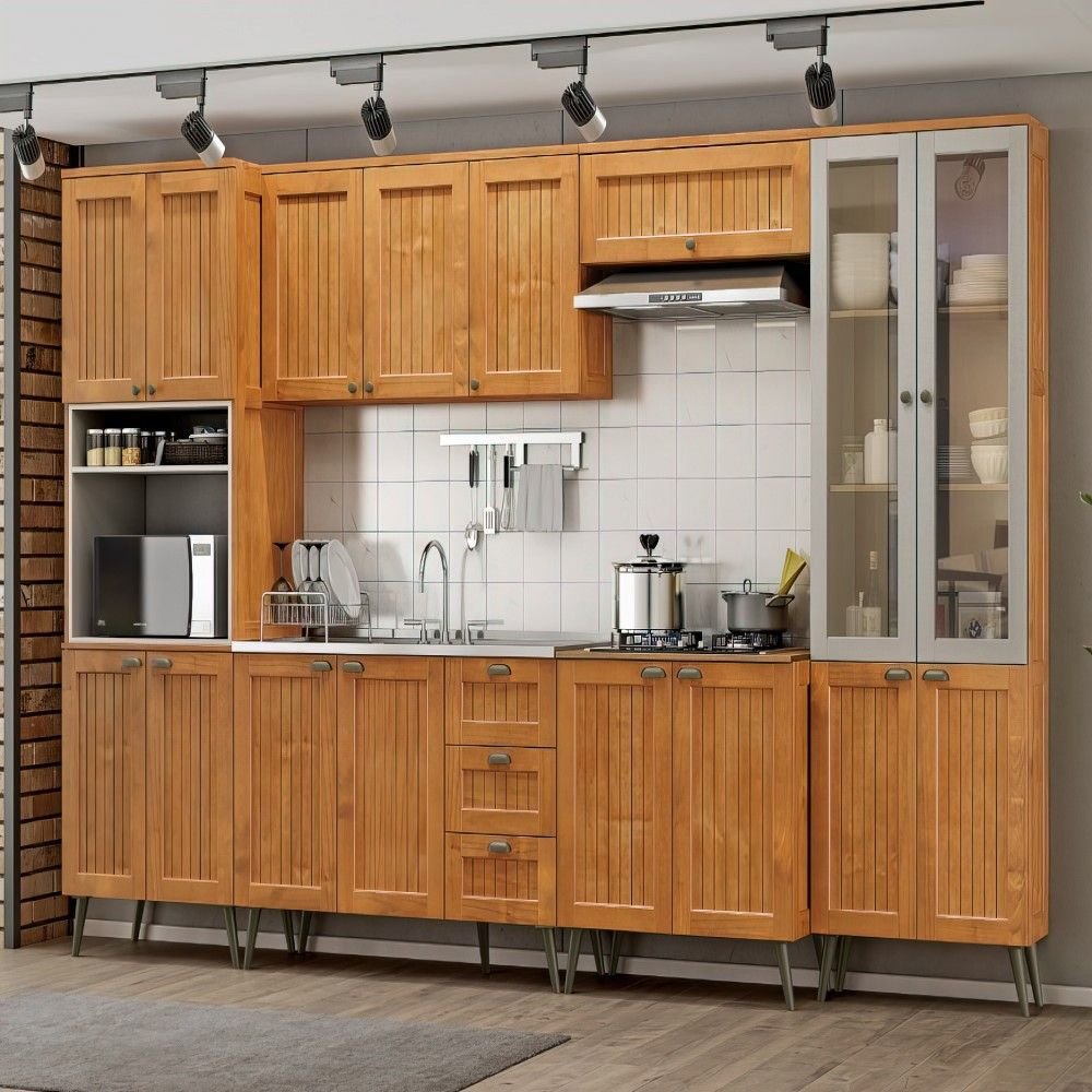 cozinha modulada em madeira macica com paneleiro e torre quente magazine decor