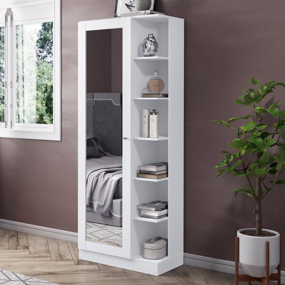 guarda roupa compacto 1 porta com nichos externos para quartos pequenos cor branco henn magazine decor