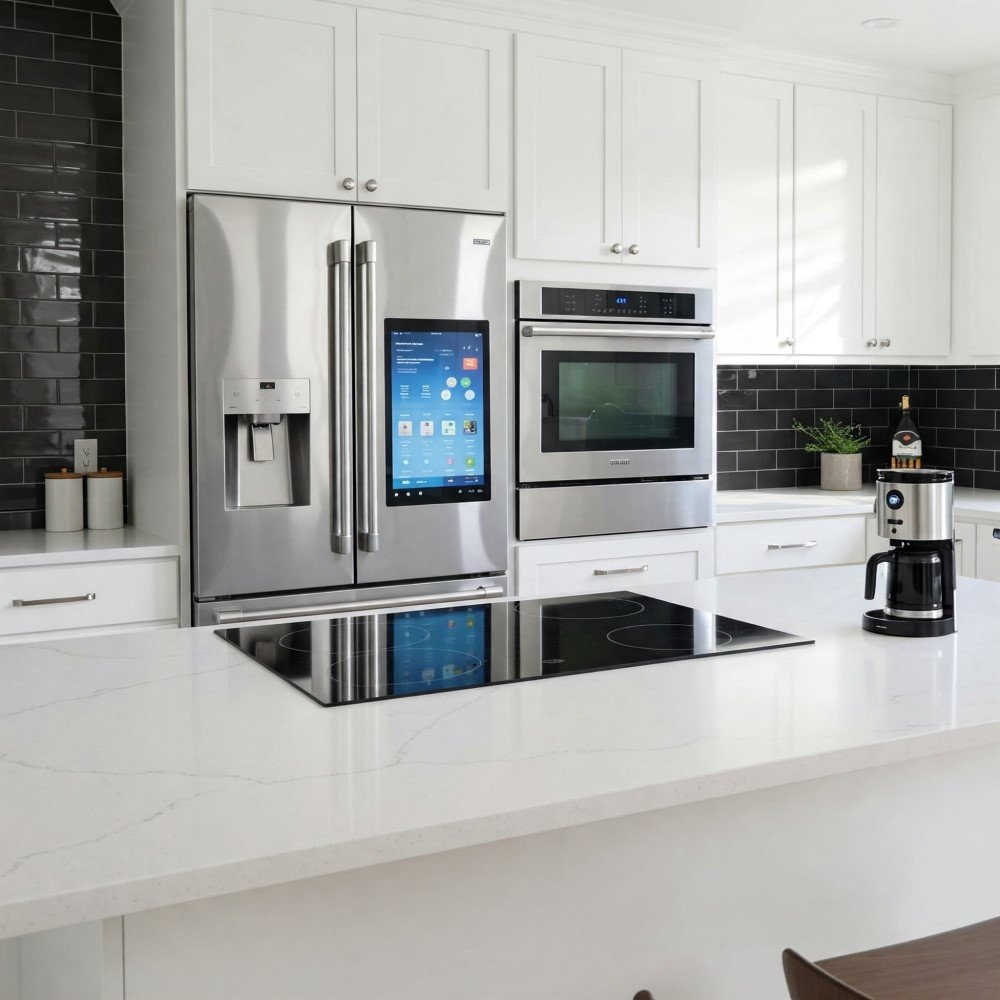 cozinha com eletrodomesticos inteligentes como geladeira e assitente virtual magazine decor