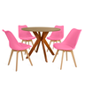 conjunto mesa de jantar redonda marci 100cm natural com 4 cadeiras leda rosa