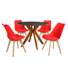 conjunto mesa de jantar redonda marci premium 100cm preta com 4 cadeiras leda vermelho