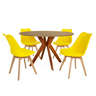 conjunto mesa de jantar redonda marci 120cm natural com 4 cadeiras leda amarelo
