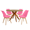 conjunto mesa de jantar redonda marci 120cm natural com 4 cadeiras leda rosa