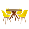 conjunto mesa de jantar redonda marci premium 120cm natural com 4 cadeiras leda amarelo