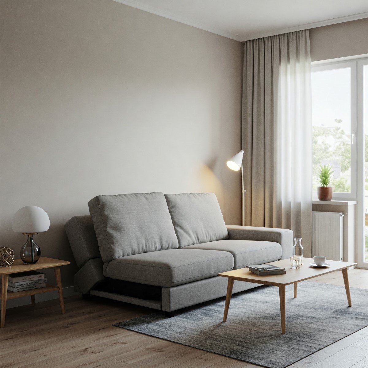 sala de estar compacta com um sofa retratil 2 lugares cinza confortavel no centro magazine decor
