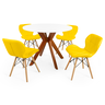 conjunto mesa de jantar redonda marci 100cm branca com 4 cadeiras slim amarelo