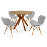 conjunto mesa de jantar redonda marci 100cm natural com 4 cadeiras slim cinza