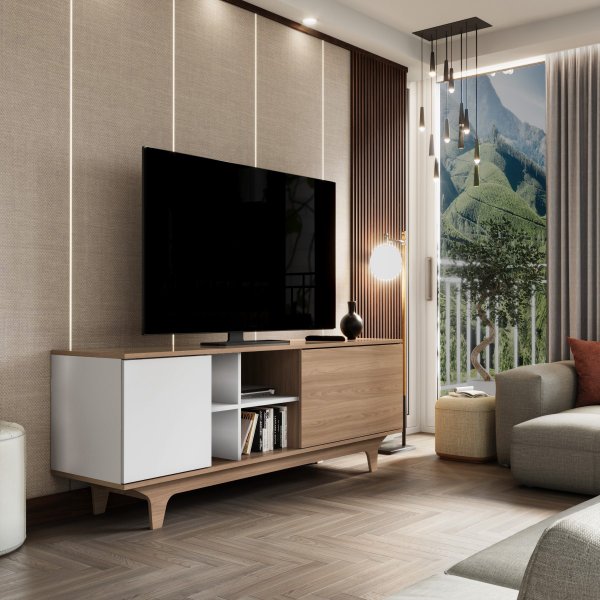 rack para tv ate 65 com 2 portas e nichos 160cm lars branco magazine decor 3