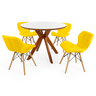 conjunto mesa de jantar redonda marci premium 100cm branca com 4 cadeiras slim amarelo