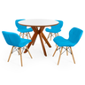 conjunto mesa de jantar redonda marci premium 100cm branca com 4 cadeiras slim azul
