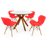 conjunto mesa de jantar redonda marci premium 100cm branca com 4 cadeiras slim vermelho