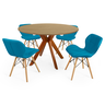 conjunto mesa de jantar redonda marci 120cm natural com 4 cadeiras slim turquesa