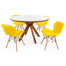 conjunto mesa de jantar redonda marci premium 120cm branca com 4 cadeiras slim amarelo