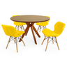conjunto mesa de jantar redonda marci premium 120cm natural com 4 cadeiras slim amarelo
