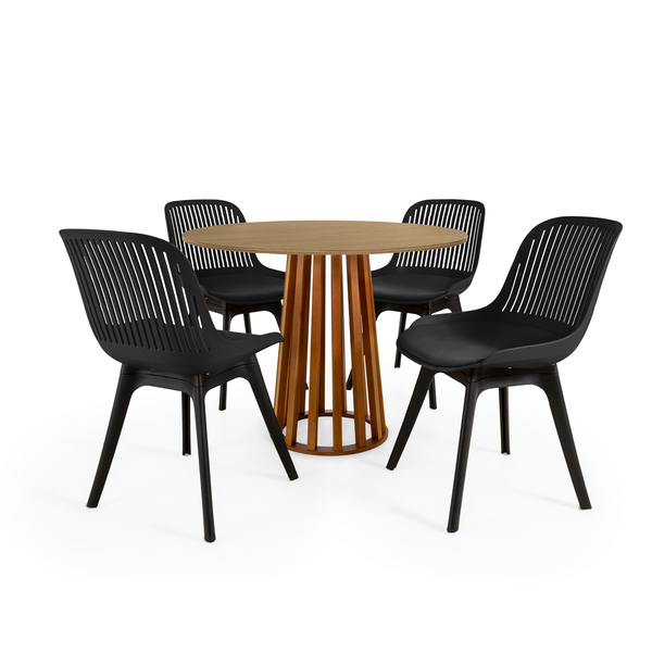 conjunto mesa de jantar redonda talia amadeirada natural 100cm com 4 cadeiras design marcela preto