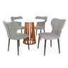 conjunto mesa de jantar redonda talia amadeirada branca 100cm com 4 cadeiras estofadas jacobsen cinza