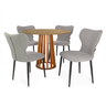 conjunto mesa de jantar redonda talia amadeirada natural 100cm com 4 cadeiras estofadas jacobsen cinza