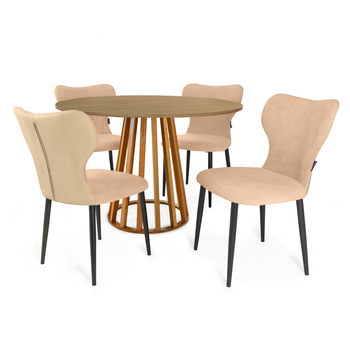 conjunto mesa de jantar redonda talia amadeirada natural 120cm com 4 cadeiras estofadas jacobsen bege
