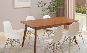 mesa de jantar retangular em madeira macica cor nozes com 6 cadeiras cor nude magazine decor
