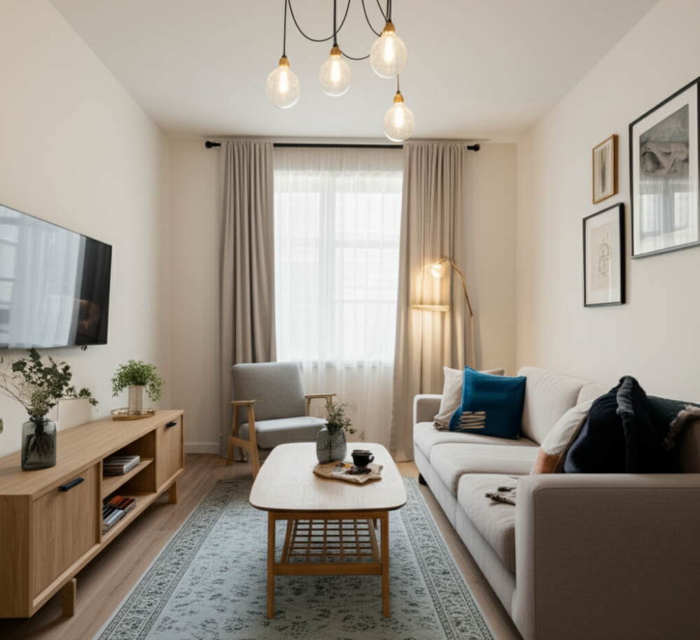 sala de estar com luminarias e abajur com luz quente magazine decor