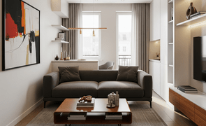 sala de estar de apartamento pequeno e compacto com sofa 2 lugares cor cinza e painel de tv moderno magazine decor